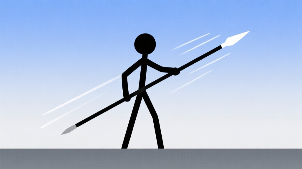 A minimalist illustration of a stickman figure holding a long spear, standing confidently against a soft gradient background of blue and grey. The spear is the focal point, with subtle motion lines suggesting readiness. Flat design style. high quality illustration, detailed, 16:9