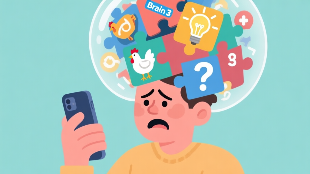 A frustrated person holding a smartphone, with a giant, chaotic puzzle bubble above their head containing icons from Brain Test 3 like a chicken, a light bulb, and a question mark, in a flat, soft-colored illustration style high quality illustration, detailed, 16:9