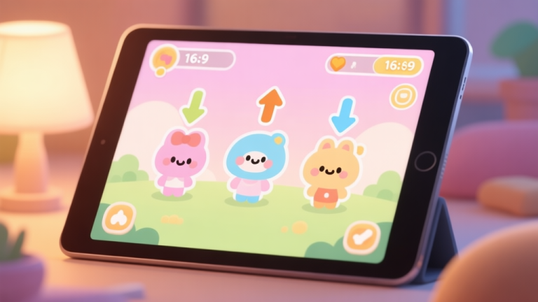 自动生成图片: A cozy, inviting game interface on a tablet screen showing cute cartoon characters with flip arrows above them, soft pastel colors, warm lighting, flat design style high quality illustration, detailed, 16:9