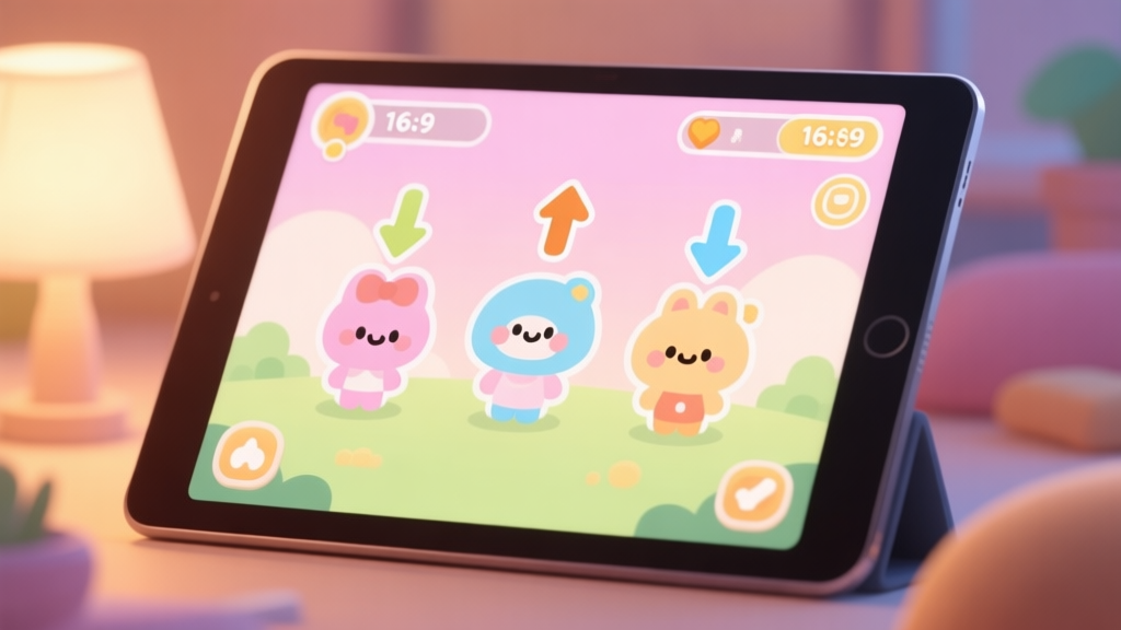 A cozy, inviting game interface on a tablet screen showing cute cartoon characters with flip arrows above them, soft pastel colors, warm lighting, flat design style high quality illustration, detailed, 16:9
