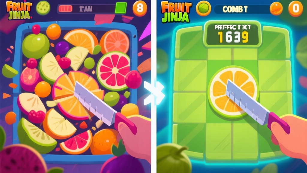 Side-by-side comparison of a chaotic fruit slicing screen versus a clean, rhythmic slicing screen with perfect combo counter visible, in vibrant Fruit Ninja game art style, soft glow on combo numbers high quality illustration, detailed, 16:9