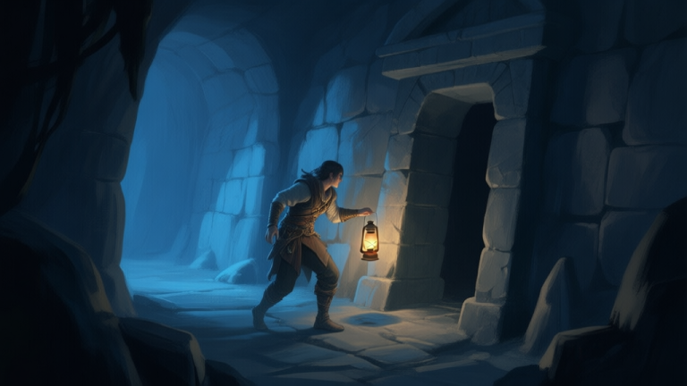 自动生成图片: A dimly lit, atmospheric game scene showing a character cautiously navigating a dark underground tomb, with only a faint lantern light illuminating ancient stone walls and shadows, soft blue and grey color palette, painterly style high quality illustration, detailed, 16:9
