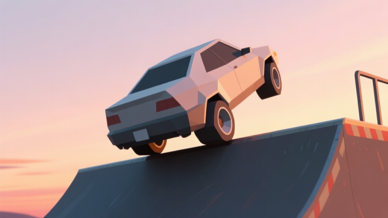自动生成图片: A stylized, slightly tilted view from behind a simple polygonal stunt car, hesitating at the edge of a ramp against a soft gradient sunset sky, conveying a moment of uncertainty before a jump high quality illustration, detailed, 16:9