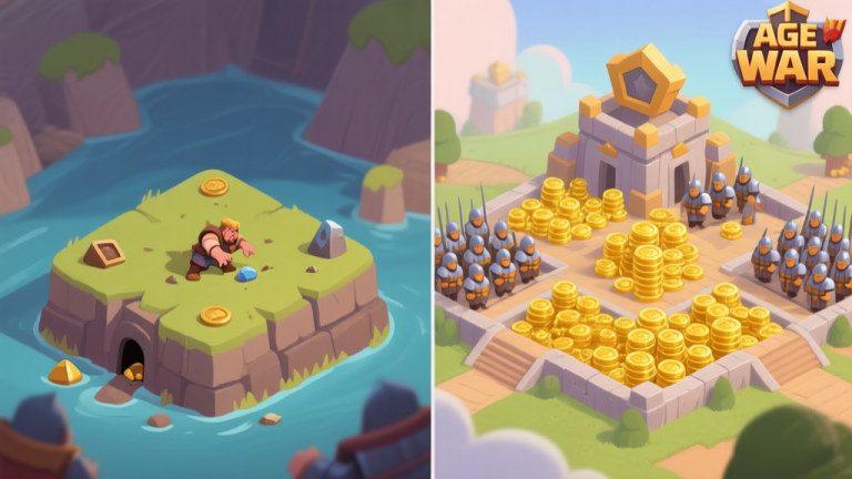 自动生成图片: Split-screen game illustration showing a struggling base with few resources on the left, and a thriving, well-organized base with abundant gold and troops on the right, in Age of War's visual style, soft color palette high quality illustration, detailed, 16:9