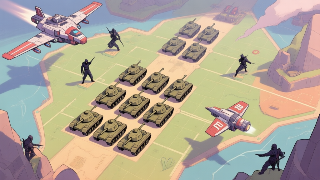 A top-down view of a War Masters battle map showing a classic beginner formation (tanks in front, DPS in back) being flanked by flying units and stealth assassins from the sides and rear, soft color palette, strategy game illustration high quality illustration, detailed, 16:9