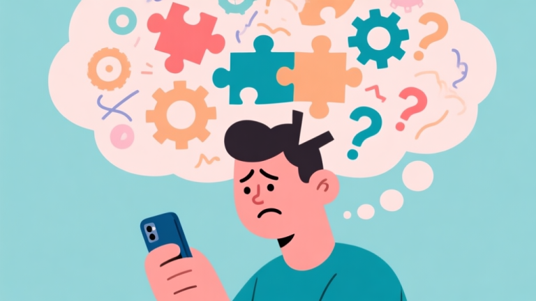 自动生成图片: A frustrated person holding a smartphone, with a chaotic thought bubble above their head filled with abstract puzzle pieces, gears, and question marks, in a flat cartoon style with soft pastel colors high quality illustration, detailed, 16:9