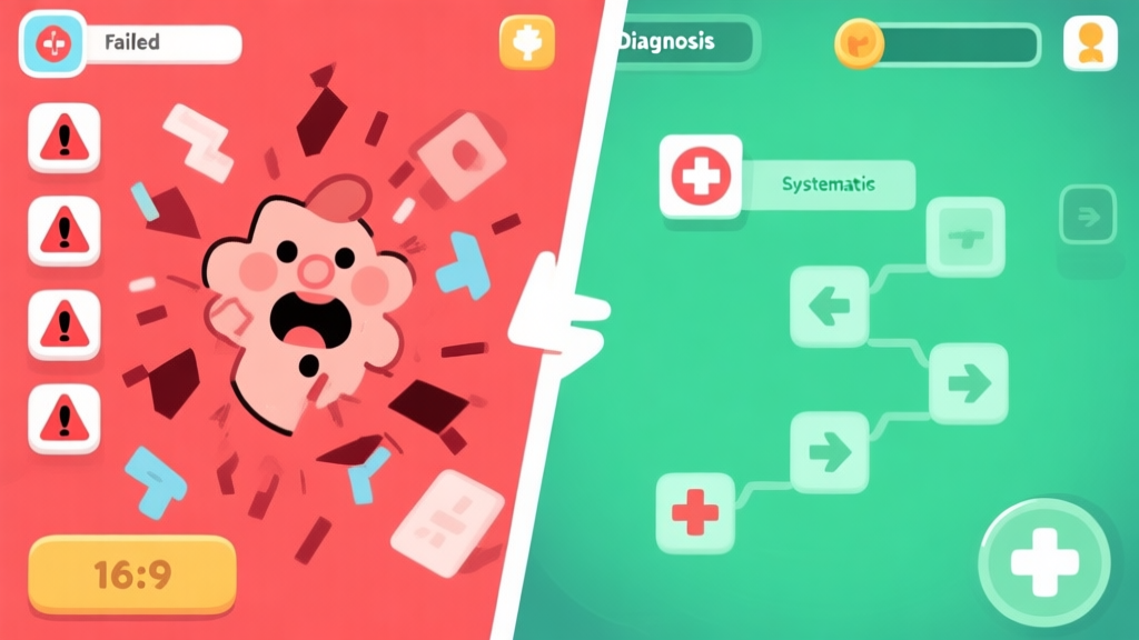 A split-screen game illustration showing a chaotic failed diagnosis on one side (red UI, multiple alert icons) and a calm, systematic diagnosis on the other (green UI, clear step-by-step indicators), cartoonish medical game style, soft colors high quality illustration, detailed, 16:9