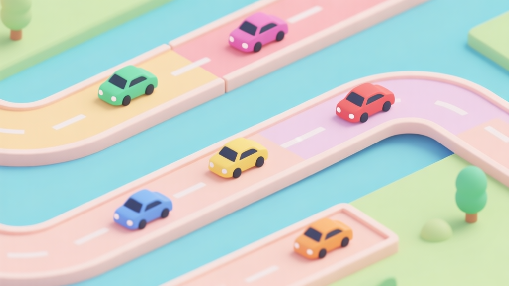 A top-down view of a vibrant, minimalist mobile game racing track, with simple car icons of different colors and levels merging together, soft pastel color palette, clean and inviting illustration high quality illustration, detailed, 16:9