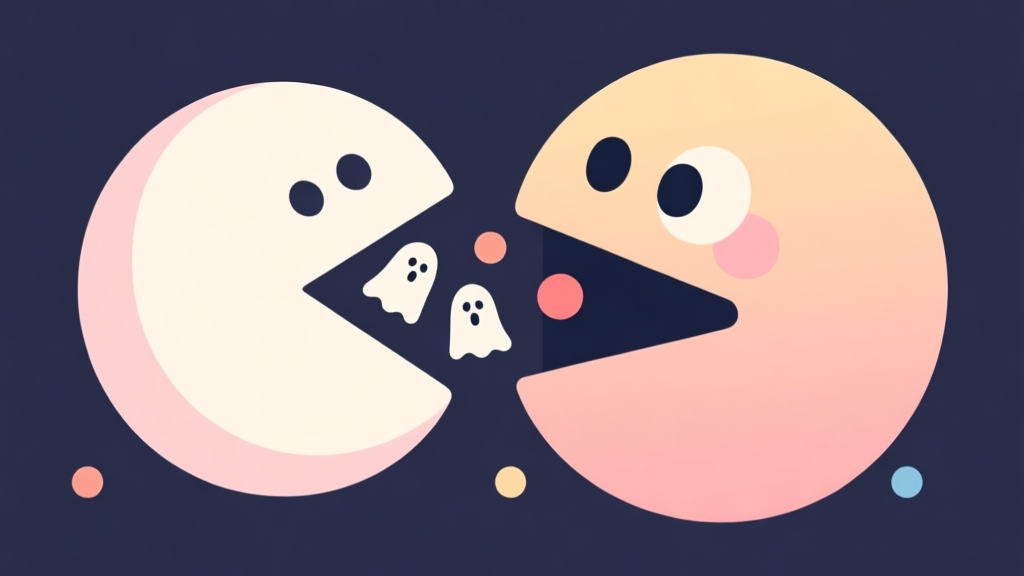 A conceptual illustration showing a large, stylized Pac-Man character about to consume smaller dots and ghosts, representing the core "gobble" mechanic. Soft pastel colors, clean lines, flat design style. high quality illustration, detailed, 16:9