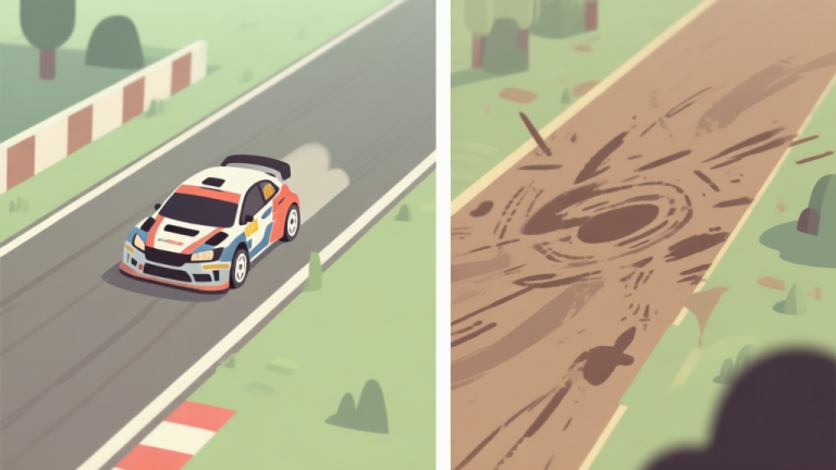 自动生成图片: Split-screen comparison of a rally car on a clean, consistent racing line versus a chaotic path with skid marks, illustrated in a soft, minimalist game art style with muted greens and browns high quality illustration, detailed, 16:9