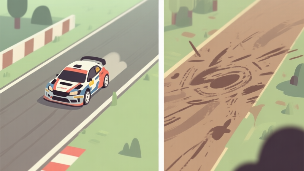 Split-screen comparison of a rally car on a clean, consistent racing line versus a chaotic path with skid marks, illustrated in a soft, minimalist game art style with muted greens and browns high quality illustration, detailed, 16:9