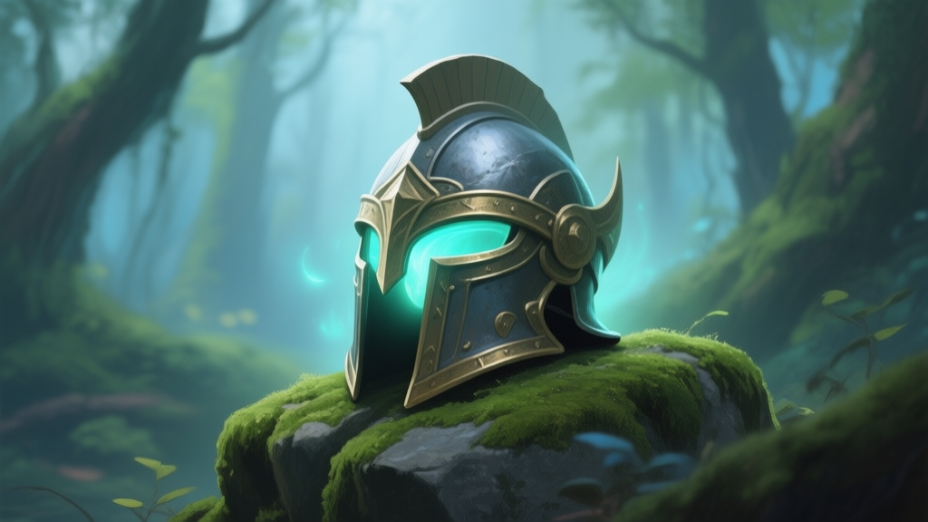 A stylized, legendary helmet resting on a mossy stone in a fantasy forest, soft magical glow emanating from its visor, muted color palette of greens and blues, painterly style high quality illustration, detailed, 16:9