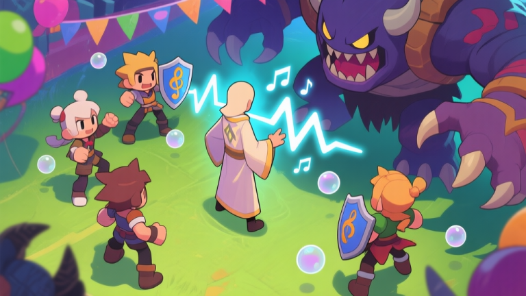 自动生成图片: A dynamic party RPG scene from a top-down perspective. Four stylized characters are engaged with a large boss monster. One character, distinctively dressed in lighter robes with musical or soundwave motifs, stands slightly back. Visible emanating waves from this character are applying a slowing effect to the boss and small shield bubbles to allies. The visual style is vibrant anime-game inspired. high quality illustration, detailed, 16:9