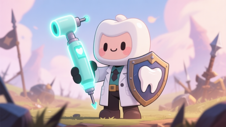 自动生成图片: A stylized, cute video game character in a white coat holding an oversized, glowing dental drill and a shield shaped like a molar, standing in a fantasy battlefield, soft pastel color scheme, anime-inspired game art high quality illustration, detailed, 16:9