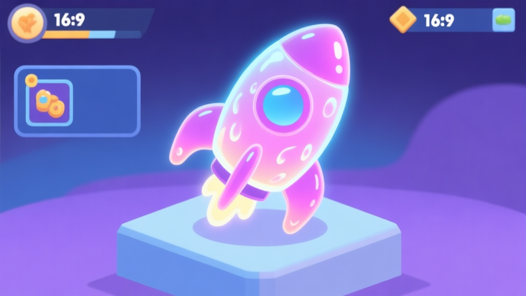 A stylized, glowing rocket with a cartoonish blumgi (gel-like) texture, resting on a minimalist pedestal in a game inventory screen, soft purple and blue color scheme, flat design high quality illustration, detailed, 16:9