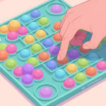 自动生成图片: A top-down view of a complex Pop It Master game board with multiple bubble colors, some arranged in problematic clusters, with a frustrated hand hovering over it, in a soft pastel color palette high quality illustration, detailed, 16:9
