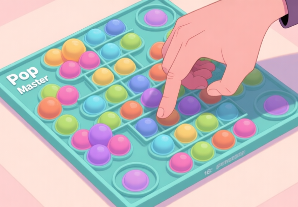 自动生成图片: A top-down view of a complex Pop It Master game board with multiple bubble colors, some arranged in problematic clusters, with a frustrated hand hovering over it, in a soft pastel color palette high quality illustration, detailed, 16:9