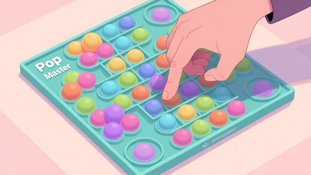 A top-down view of a complex Pop It Master game board with multiple bubble colors, some arranged in problematic clusters, with a frustrated hand hovering over it, in a soft pastel color palette high quality illustration, detailed, 16:9