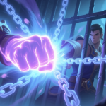 自动生成图片: A dynamic game scene showing a glowing fist impact about to hit a character, with ethereal chain and prison bar visual effects emanating from the point of impact, soft blue and purple color palette, action RPG style high quality illustration, detailed, 16:9