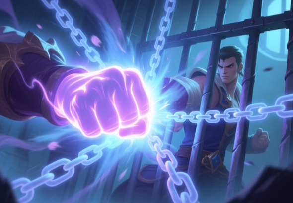 自动生成图片: A dynamic game scene showing a glowing fist impact about to hit a character, with ethereal chain and prison bar visual effects emanating from the point of impact, soft blue and purple color palette, action RPG style high quality illustration, detailed, 16:9