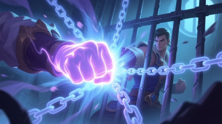 自动生成图片: A dynamic game scene showing a glowing fist impact about to hit a character, with ethereal chain and prison bar visual effects emanating from the point of impact, soft blue and purple color palette, action RPG style high quality illustration, detailed, 16:9