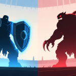 自动生成图片: Side-by-side character silhouette comparison in a game arena, left side shows a sturdy, shield-bearing Tank with blue aura, right side shows a hulking, clawed Monster with red aura, minimalist style with soft colors high quality illustration, detailed, 16:9