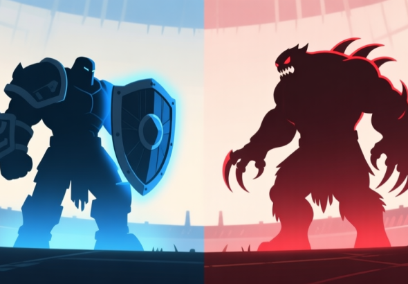 自动生成图片: Side-by-side character silhouette comparison in a game arena, left side shows a sturdy, shield-bearing Tank with blue aura, right side shows a hulking, clawed Monster with red aura, minimalist style with soft colors high quality illustration, detailed, 16:9