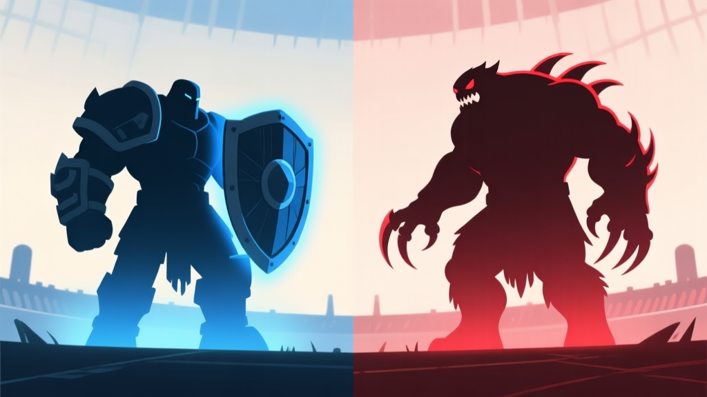Side-by-side character silhouette comparison in a game arena, left side shows a sturdy, shield-bearing Tank with blue aura, right side shows a hulking, clawed Monster with red aura, minimalist style with soft colors high quality illustration, detailed, 16:9