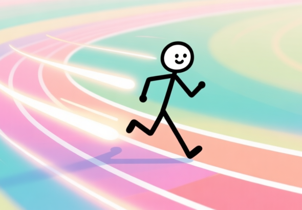 自动生成图片: A minimalist, playful illustration of a stylized stickman character mid-stride on a colorful, abstract race track, with speed lines and a subtle glow effect, soft pastel color palette high quality illustration, detailed, 16:9
