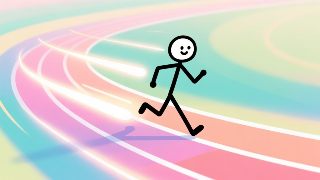 A minimalist, playful illustration of a stylized stickman character mid-stride on a colorful, abstract race track, with speed lines and a subtle glow effect, soft pastel color palette high quality illustration, detailed, 16:9